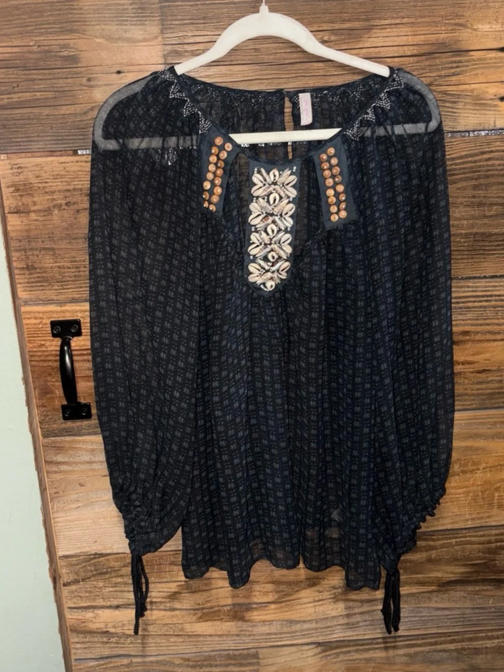 Mid 2000’s Free People Black Sheer Embroidered Peasant Top with Shells